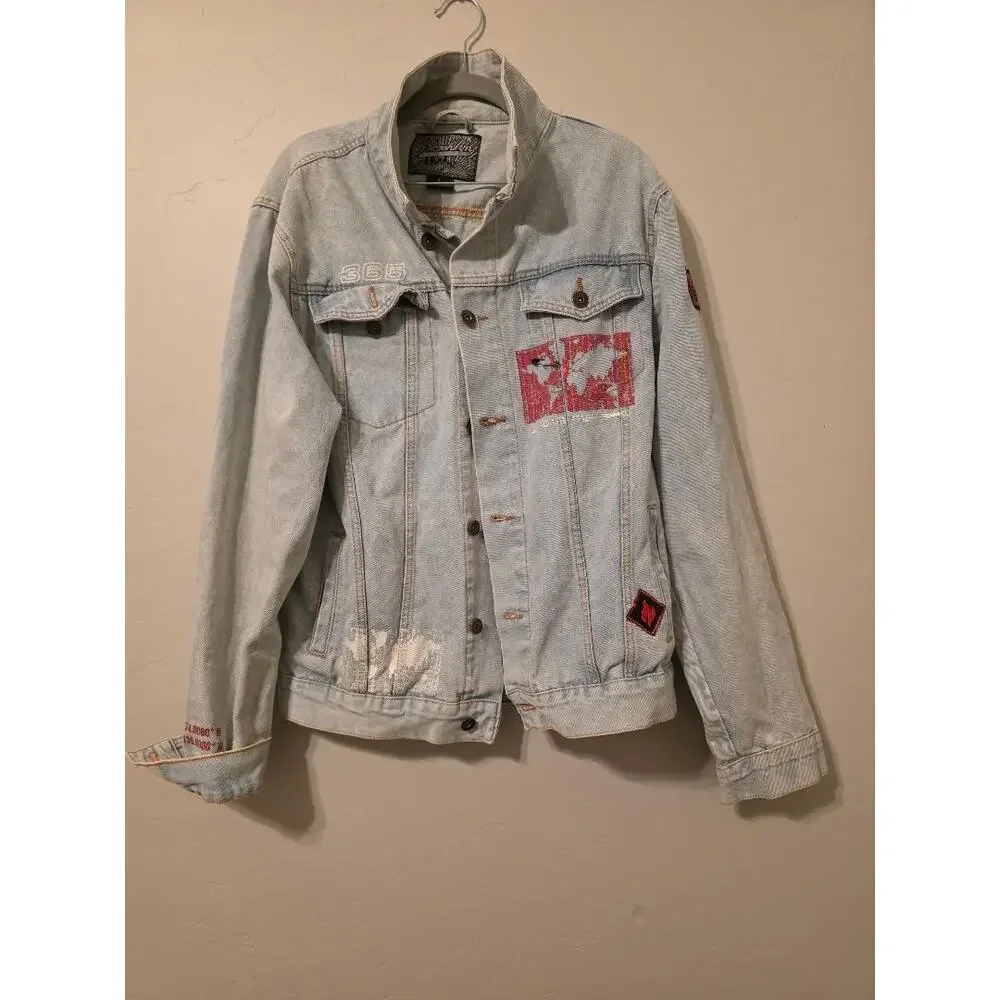 Y2K Denim Jacket Patchwork Graphic Distressed Light Wash Streetwear Grunge